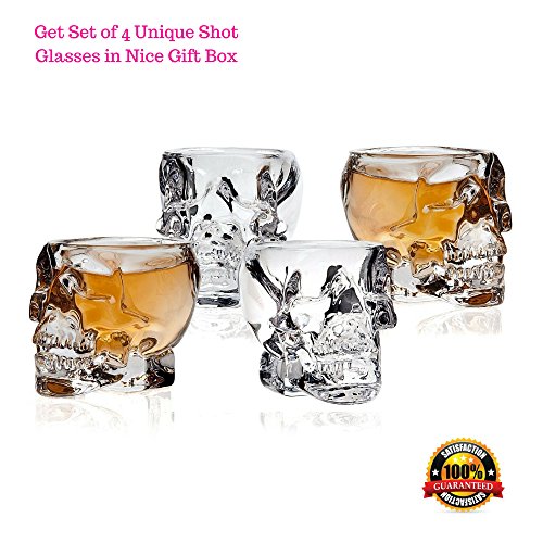 Crystal 3D Skull Shot Glasses - Set of 4 - 2.5 Ounce Fun Pirate Head Shotglass for Alcohol Party Drinks - Vodka Scotch Whiskey Wine Beer - with Gift Box