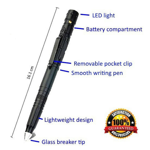 Tactical Pen for Survival and Self Defense  with Tungsten Tip Glass Breaker for Emergency Escape with Bright Push Button LED Flashlight and Ballpoint